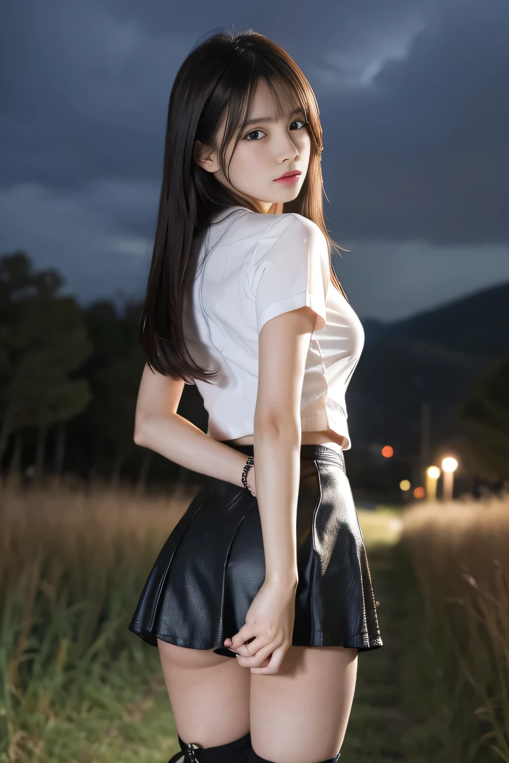The woman has her hands tied、put your hands behind your back、(((I clasped my hands behind my back)))、(((Her wrists are wrapped in rope)))、beauty、20Year、university student、Standing on a hill at night、There are a lot of trees、Beautiful night sky、There are many stars、A strong wind is blowing、Wearing a short-sleeved blouse、Wear a long skirt、Uniform eyes、Balanced、Moderate、Small breasts、Small face、(I can see from head to heel), Black Hair, bangs, Swept bangs, Straight hair, Nervous, Messy Hair, debtloating hair, Cinema Lighting, throw, Nikon, Surrealism, 超High resolution, Highest quality, High resolution, Anatomically correct body、, tachi-e, First Person View, debtrom behind, debt/1.2, 8k, Textured SkinMini Skirt Knee-high garter handcuffs