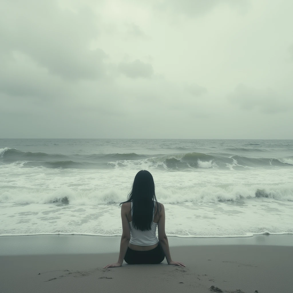 Distant woman in the distance sitting on the sand admiring the immensity of the ocean, surf , arena, costa, clouds, cloudy, winds, loneliness, melancholia, sadness, Photography, Realism, analogic camera effect, masterpiece, perfect composition, black and white