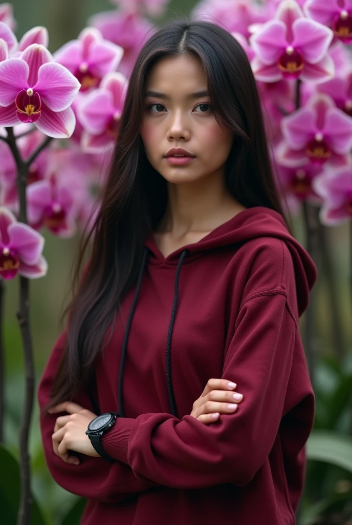 a beautiful Indonesian woman, smooth white skin, well-groomed face,long hair, maroon, slow motion,mengenakan baju hoodie rajut maroon, brand name (feel ) celana kargo hitam slow motion Banyak kantong nya,black watch, white shoes, berpose berdiri di samping bunga warna maroon. which flowers beautifully and thickly. The background of the beautiful orchid flower garden is very amazing .Realistic original photo
