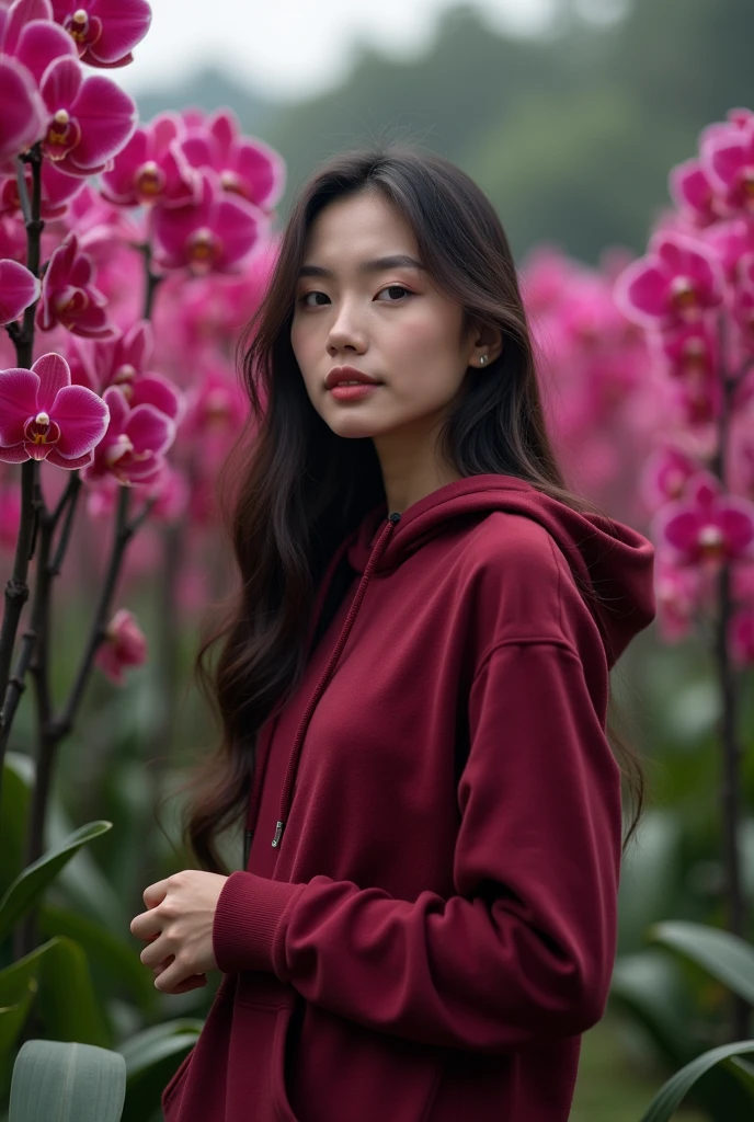 a beautiful Indonesian woman, smooth white skin, well-groomed face,long hair, maroon, slow motion,mengenakan baju hoodie rajut maroon, brand name (feel ) celana kargo hitam slow motion Banyak kantong nya,black watch, white shoes, berpose berdiri di samping bunga warna maroon. which flowers beautifully and thickly. The background of the beautiful orchid flower garden is very amazing .Realistic original photo