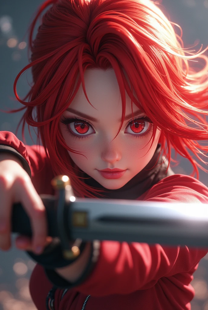 A highly detailed anime character with striking red hair, holding a sword in their hand, (extremely detailed face,beautiful detailed eyes,beautiful detailed lips,extremely detailed facial features,beautiful vivid red hair:1.2),inspired by the art direction of the Guilty Gear series, particularly Guilty Gear Strive, (2.5D CGI anime fantasy style,epic and exquisite quality,artstation,pixiv:1.4),(intricate folds and details on clothing and surroundings:1.3),cinematic lighting,dramatic shadows and highlights,vibrant colors,masterpiece,best quality,4k,8k,highres,ultra-detailed,photo-realistic,physically-based rendering