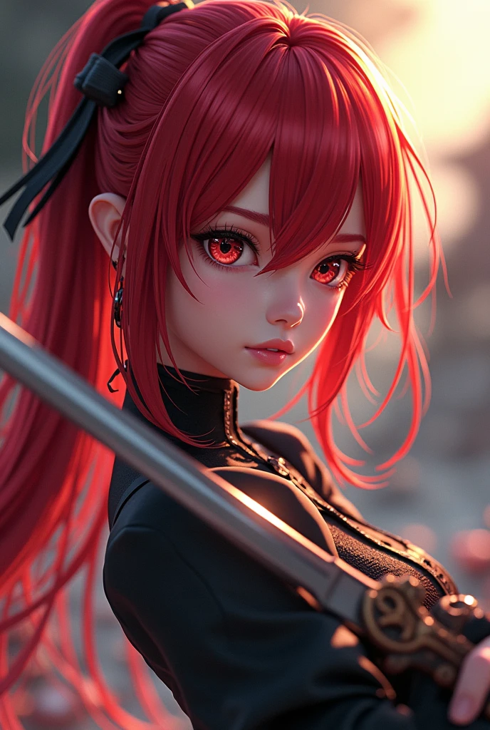 A highly detailed anime character with striking red hair, holding a sword in their hand, (extremely detailed face,beautiful detailed eyes,beautiful detailed lips,extremely detailed facial features,beautiful vivid red hair:1.2),inspired by the art direction of the Guilty Gear series, particularly Guilty Gear Strive, (2.5D CGI anime fantasy style,epic and exquisite quality,artstation,pixiv:1.4),(intricate folds and details on clothing and surroundings:1.3),cinematic lighting,dramatic shadows and highlights,vibrant colors,masterpiece,best quality,4k,8k,highres,ultra-detailed,photo-realistic,physically-based rendering