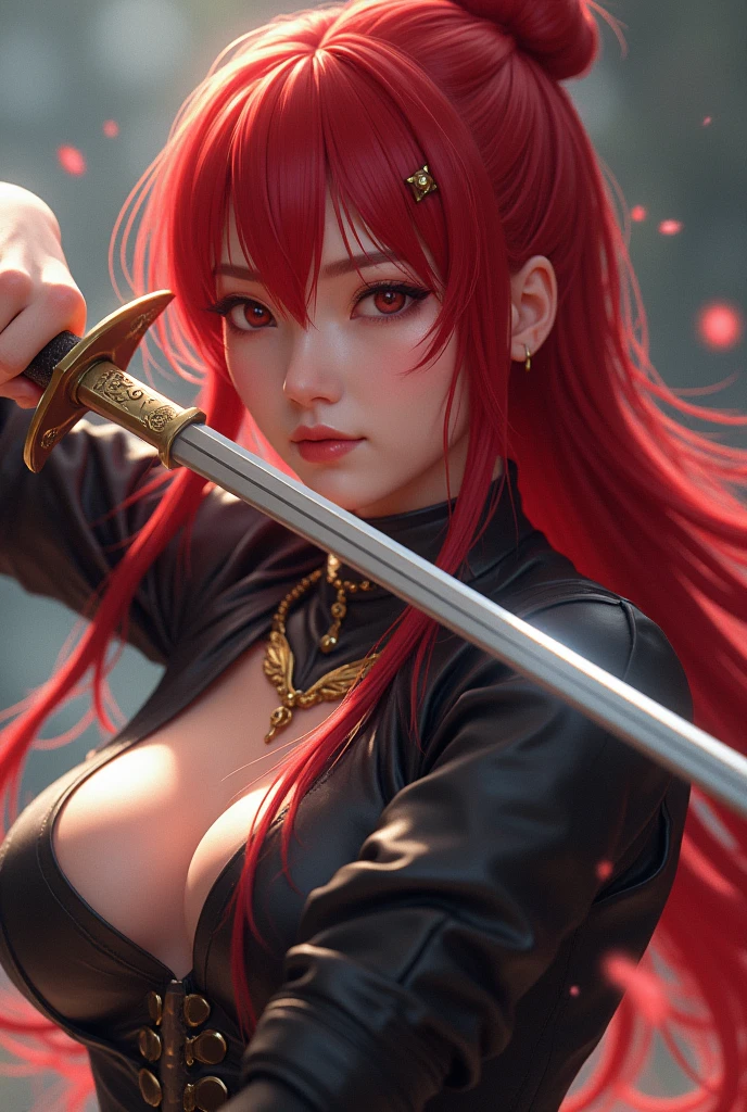 A highly detailed anime character with striking red hair, holding a sword in their hand, (extremely detailed face,beautiful detailed eyes,beautiful detailed lips,extremely detailed facial features,beautiful vivid red hair:1.2),inspired by the art direction of the Guilty Gear series, particularly Guilty Gear Strive, (2.5D CGI anime fantasy style,epic and exquisite quality,artstation,pixiv:1.4),(intricate folds and details on clothing and surroundings:1.3),cinematic lighting,dramatic shadows and highlights,vibrant colors,masterpiece,best quality,4k,8k,highres,ultra-detailed,photo-realistic,physically-based rendering