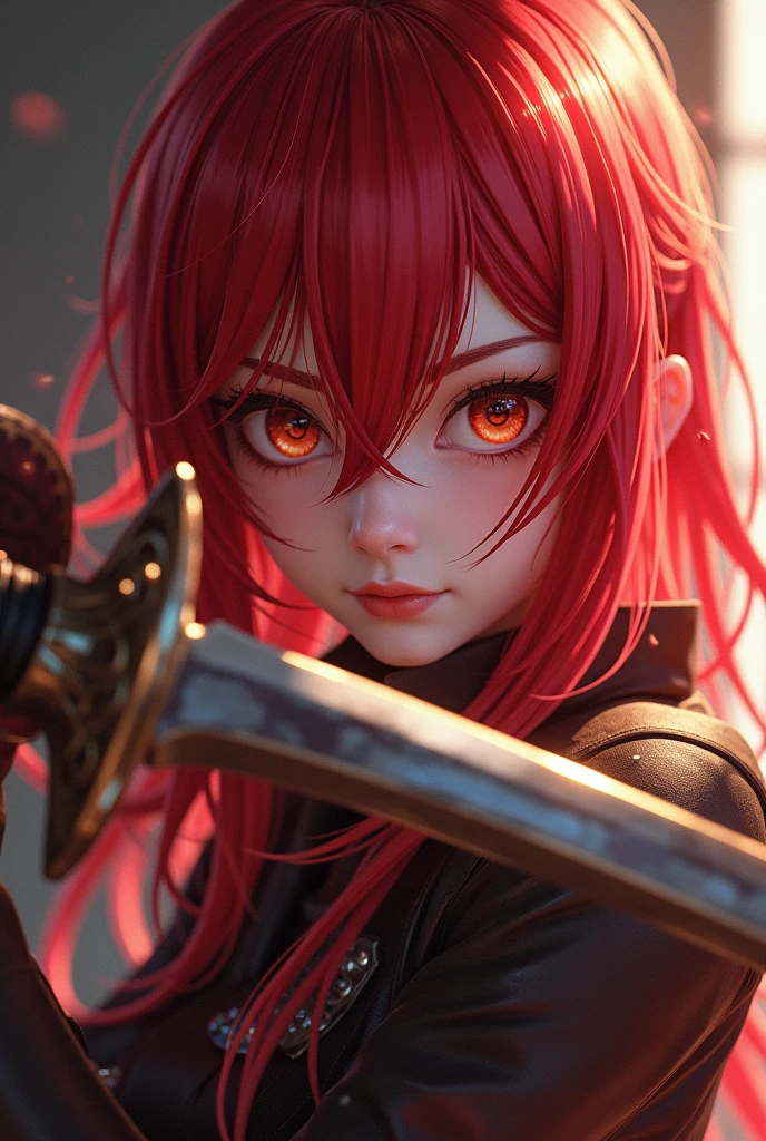 A highly detailed anime character with striking red hair, holding a sword in their hand, (extremely detailed face,beautiful detailed eyes,beautiful detailed lips,extremely detailed facial features,beautiful vivid red hair:1.2),inspired by the art direction of the Guilty Gear series, particularly Guilty Gear Strive, (2.5D CGI anime fantasy style,epic and exquisite quality,artstation,pixiv:1.4),(intricate folds and details on clothing and surroundings:1.3),cinematic lighting,dramatic shadows and highlights,vibrant colors,masterpiece,best quality,4k,8k,highres,ultra-detailed,photo-realistic,physically-based rendering