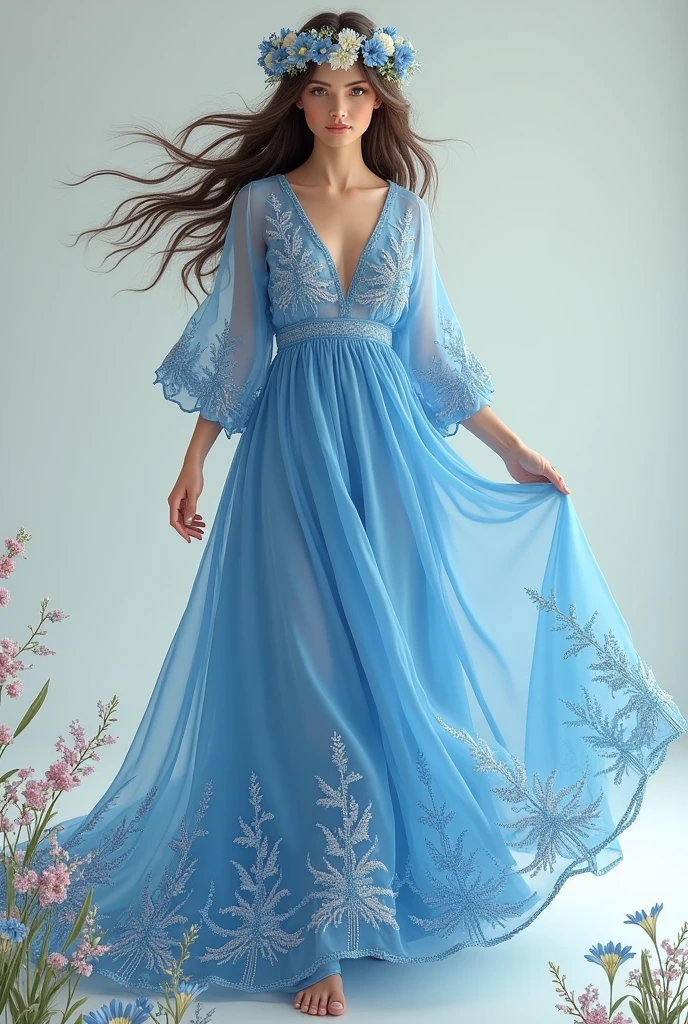 Blue chiffon dress with corncob designs on the dress and lots of movement, Loose hair decorated with garlands of wild flowers, blue, white and pink, full view of the dress from the front, v-neck