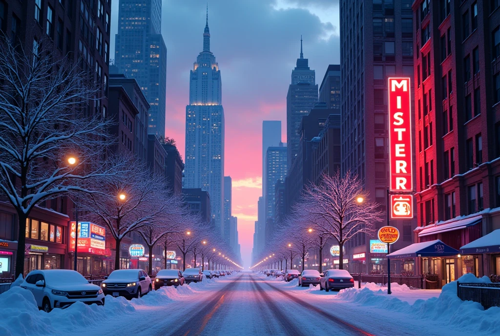 New York City, masterpiece, Highest quality, uhd, Night view, (Ultra-high resolution,8k), Neon Town, (Photorealistic), Colorful, winter, snow