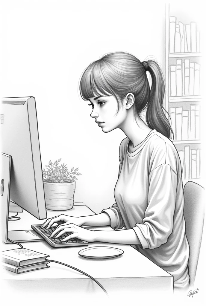 pencil sketch drawing of a girl in her room working on the computer 