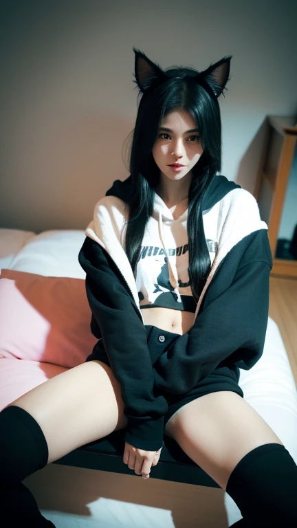 1 girl，camera looking down，huge ，Black Hoodie，No shorts，No pants，，thigh，Black Hair，Cat ears,