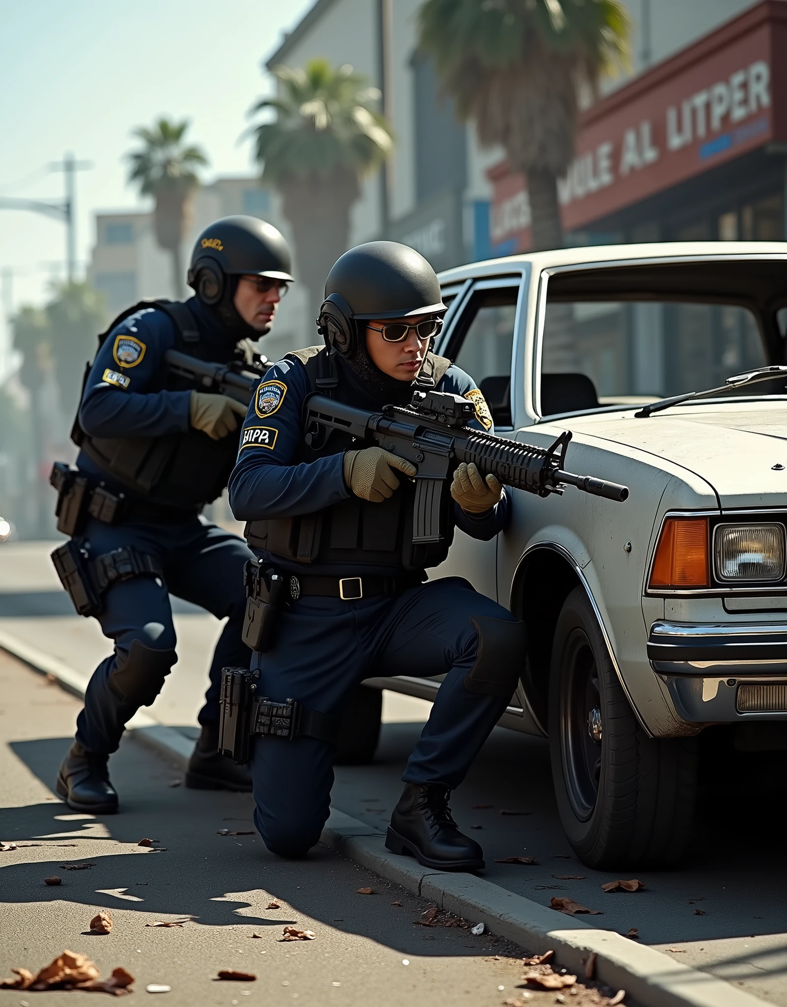 Make an image for two LAPD SWAT officers hiding behind a bullet-hole-ridden sedan in a street in Los Angeles, using ault rifles