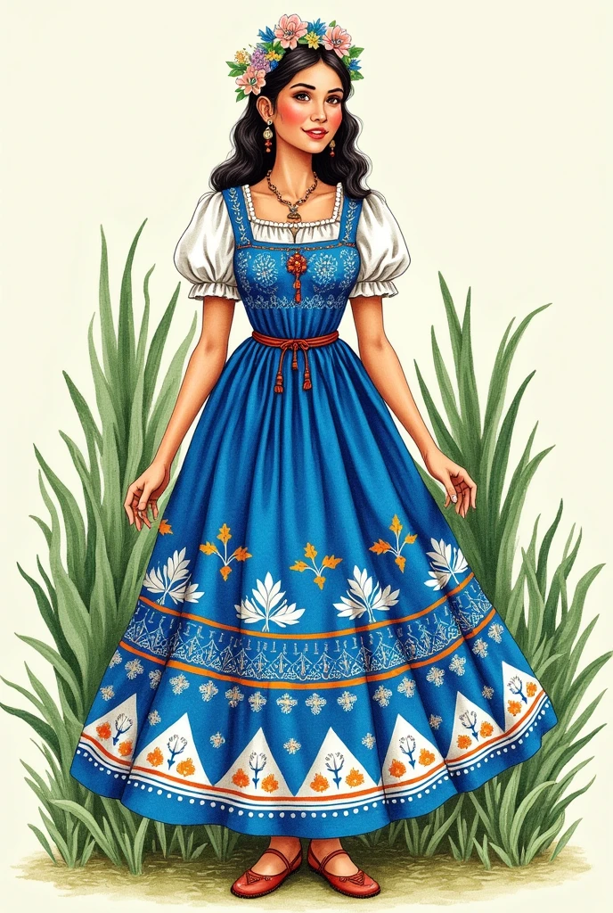 Nicaraguan folk costume blue and white drawing