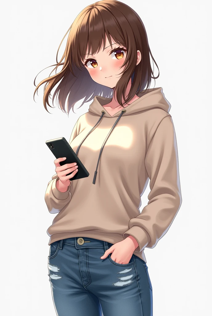 (anime:1.2), Pretty girl standing full body with medium long brown hair and honey colored eyes from head to toe without bangs and with jeans and a hoodie along with her phone