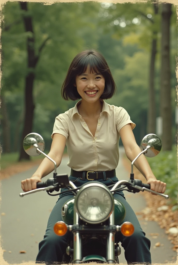 Old film photo from 1980, a park, a short-haired Thai girl wearing flared pants is posing happily riding her new motorbike.