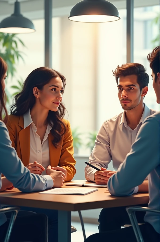 scene: The team works in harmony. Ana coordinates communications, Javier suggests innovative ideas, and Peter resolves a minor conflict. Text: Javier: "Thanks to this coordination, We have avoided mistakes."