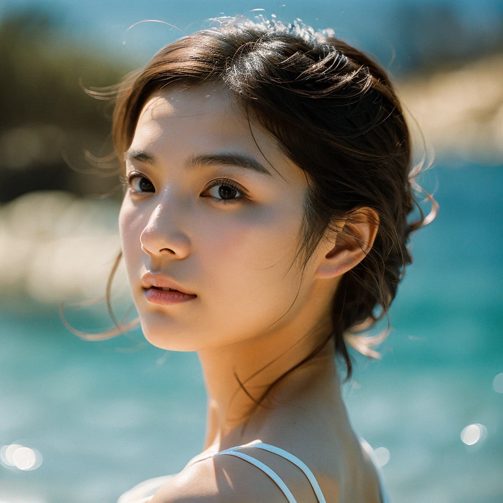 A hyper-realistic image of a single Japanese woman in her early 20s, captured with the nostalgic warmth and pronounced graininess of a film camera, showing her from the shoulders up as she stands on a sunlit beach. Her skin has a warm beige tone with a natural, visibly rough texture that includes pronounced pores, fine lines, and subtle imperfections such as small blemishes, slight unevenness, and a hint of sun exposure, contributing to the authenticity of her appearance. The texture of her skin is intentionally less smooth, with a tangible roughness that enhances the realism, making the surface appear slightly weathered by the elements. The soft, diffused natural light illuminates her face and shoulders with a gentle touch, casting shadows that subtly reveal the unevenness of her skin. Her straight, glossy black hair flows naturally in the ocean breeze, framing her face, and her deep brown eyes reflect the soft sunlight and the shimmering sea. The film camera effect amplifies the grain and texture, creating a warm, nostalgic atmosphere while maintaining the deliberately rougher, less polished texture of her skin. The composition, focused on her upper body, captures the serene elegance of the beach setting, highlighting the natural interaction of light and shadow on her skin. This combination of a rough, realistic skin texture, soft natural light, and the grainy film-like qualities ensures that the image presents an authentic, lifelike portrayal of the woman, centered on her face and shoulders.

