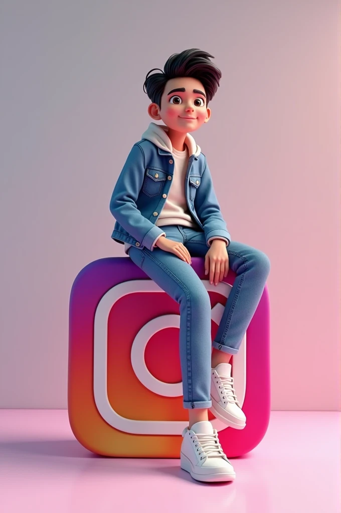 create a 3D illustration of an animated character sitting casually of a social media logo "Instagram" .The character must wear casual modern clotting such as jeans jacket and sneakers.The background of the image in a social media profile page with a user name " zahidawan.20 " and profile picture that mach.