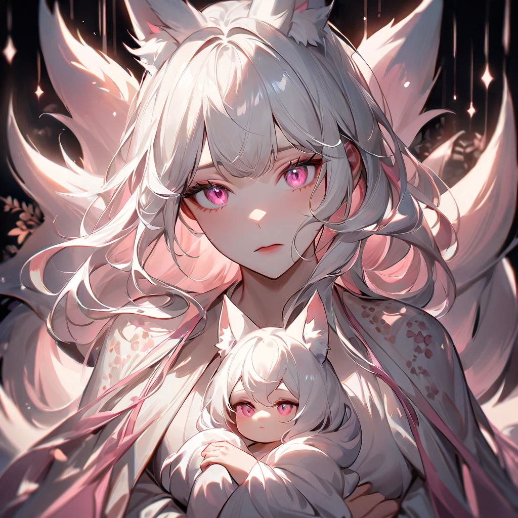 A digital painting of a kitsune with long white hair and pink eyes, her face turned slightly to the side and looking at the viewer with a worried expression. She is holding a baby girl kitsune in her arms, who also has white hair, slightly long and soft, with pink eyes gazing curiously. The adult kitsune's hair is flowing gently around her shoulders, and her posture suggests a protective stance. The setting is an ethereal forest, with soft dappled light filtering through the leaves, casting gentle shadows. A subtle aura of magic surrounds both figures, with delicate pink and white hues, conveying a sense of concern and care, soft lighting, ethereal, fantasy art, delicate brushwork, emotionally evocative, intimate portrait.