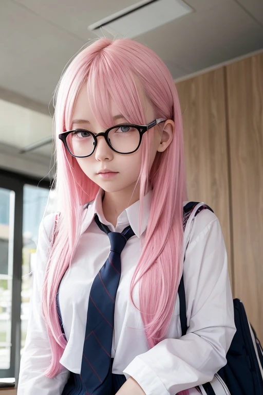 white skin pink haired girl in school uniform, with glasses (it remains curious to him)
