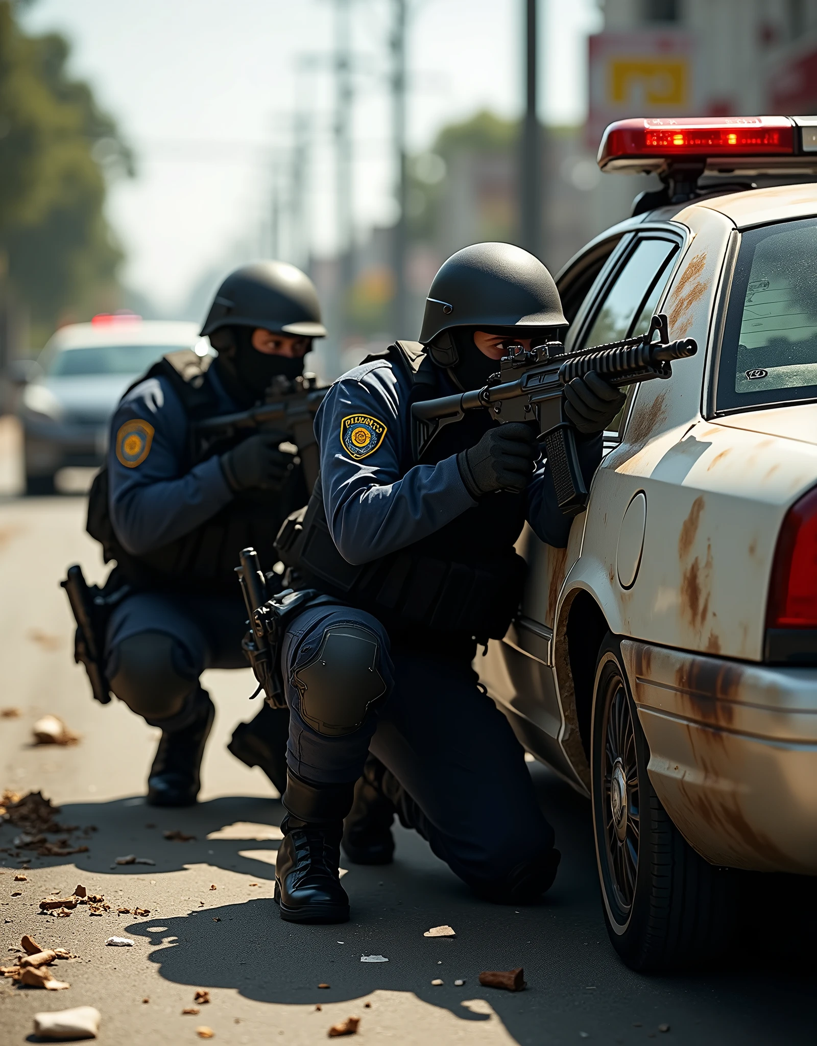 Make an image for two LAPD SWAT officers hiding behind a bullet-hole-ridden sedan in a street in Los Angeles, using assault rifles