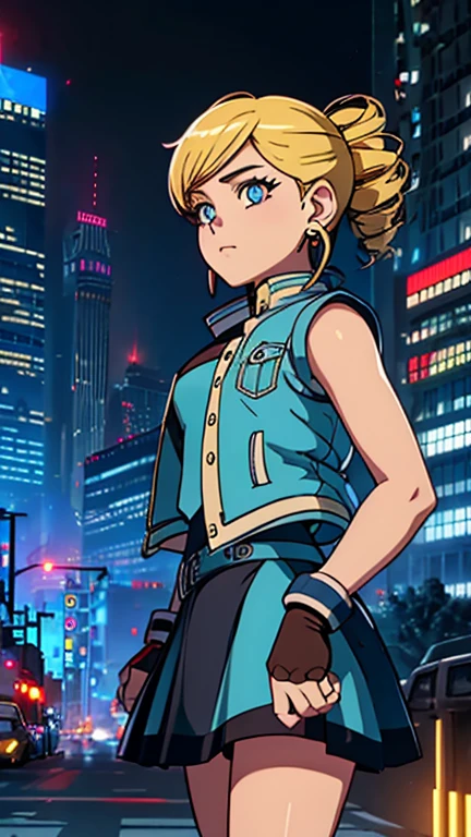 (Teens:1girl: ppgzbb), (extremely detailed CG unit 8k wallpaper),(master part), (best quality), (ultra detail), (best illustration),(city-scene-aso), cowboy shot, (Sharp eyeliner, ombre, detailed eyes:1), night, cyberpunk city, outdoor, ,break , (Akira - movie), upper body, blue eyes, blonde hair, twin drills, hairclip, earrings, vest, blue skirt, short skirt