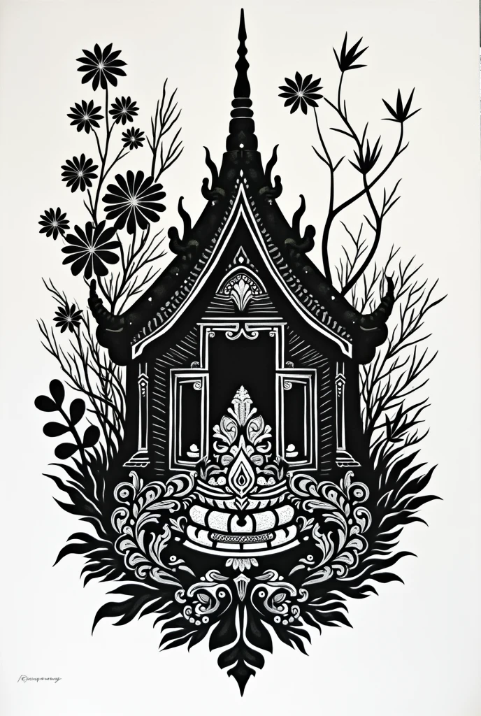 Thai art linoprint black and white