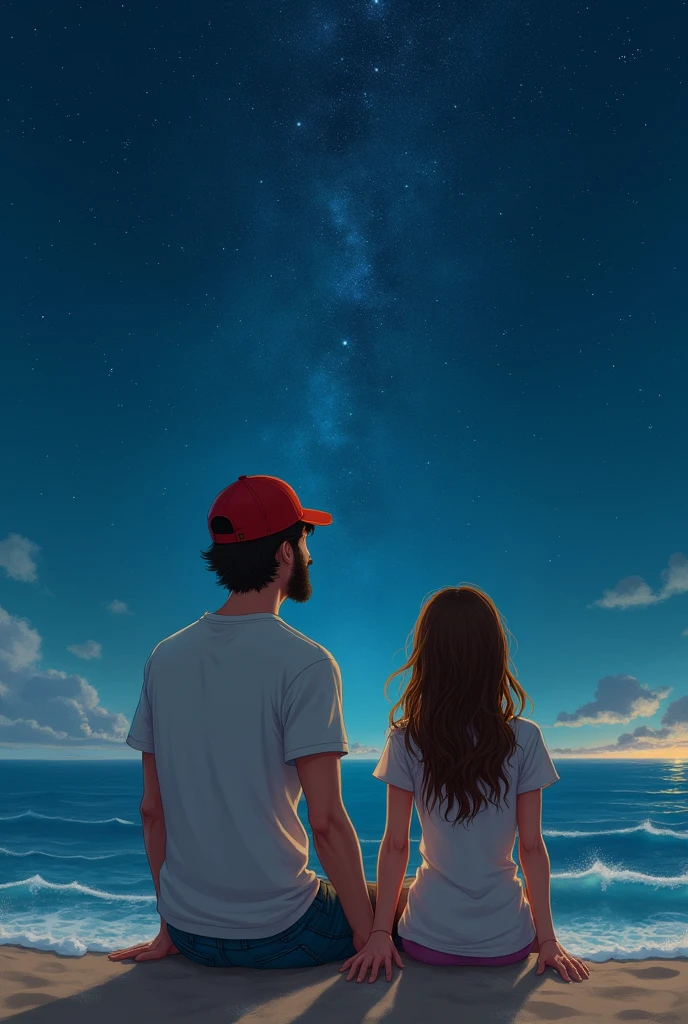 um casal , Tall man, Scrawny, offwhite, brownhair, Red cap,with a short beard, with a woman, Height.median, hair below the shoulders, brownhair com luzes, white people sitting on the edge of a beach looking at a starry sky