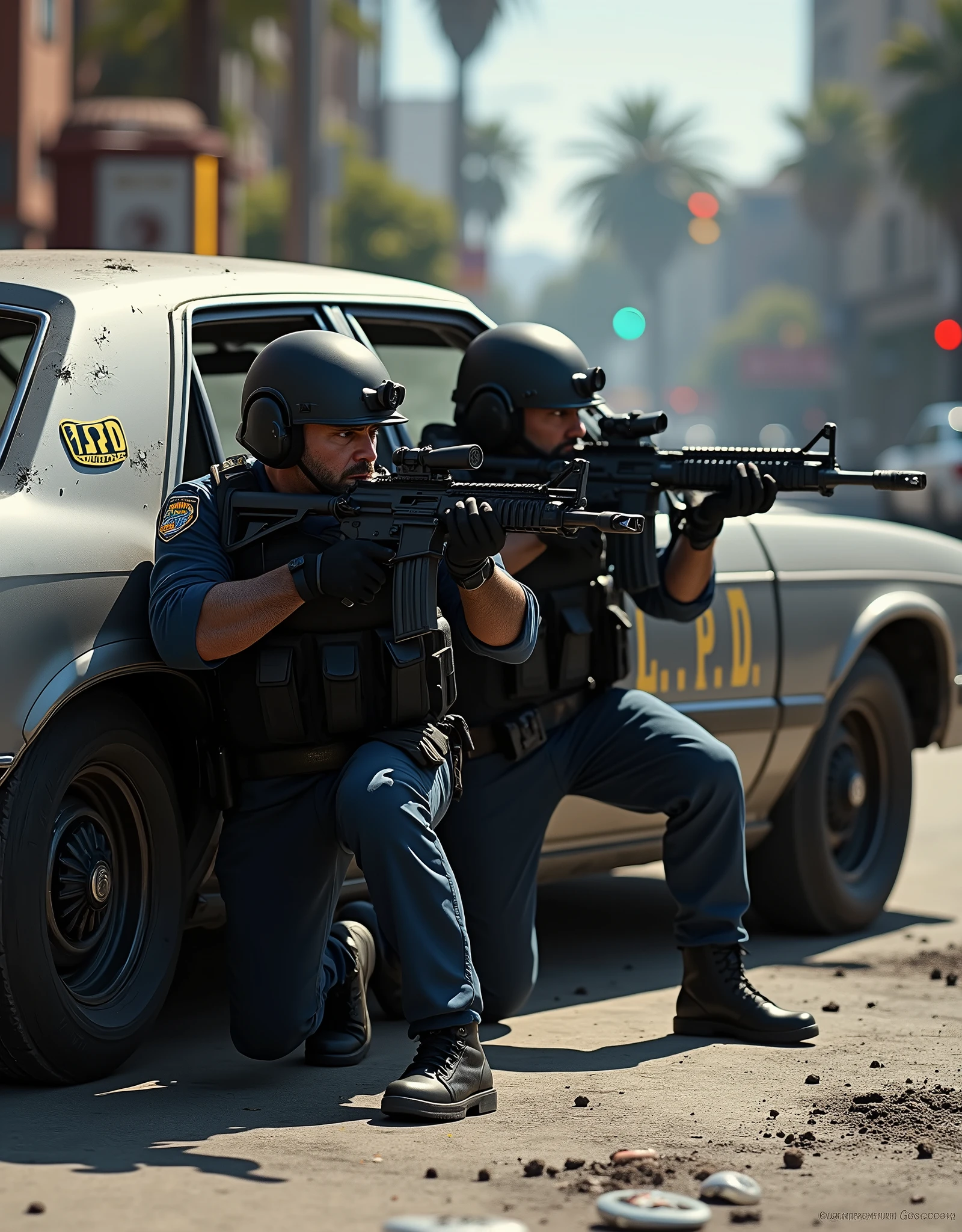 Make an image for two LAPD SWAT officers hiding behind a bullet-hole-ridden sedan in a street in Los Angeles, using assault rifles 