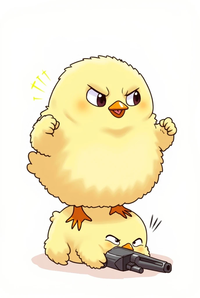 A cute but angry chick defeating another chick by stepping on its head with a gun with a background