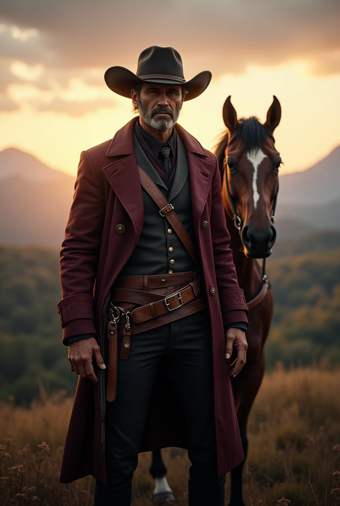 I want a picture of Dutch Van Der Linde, red dead redemption 2, with a landscape behind him and his horse 
