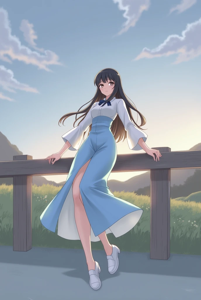 Long black hair girl, Sky blue fitted dress