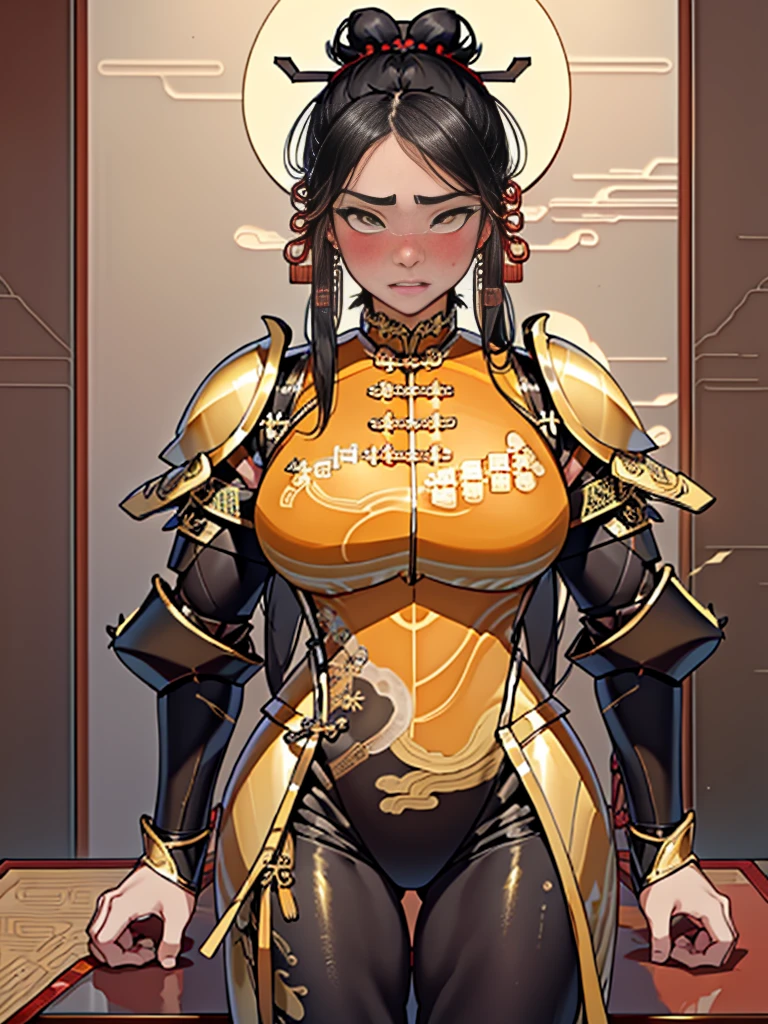 (high resolution, Pixel Perfect, Luxurious illustrations), (Ultra-high quality, On the table, Ethereal: 1.4), (Solitary:1.4), (((Black Hair))),High heel,  (Yellow eyes),  ((angry)), Pale skin, (((((((muscular))))))), ((Thick thighs)), ((Huge breasts)), (((Wide hips))), Miss, (((((((Chinese armor))))))), yes, Ass Focus,((Hip-lifting pose)),  Extremely detailed , Reality , Very deep eyes, Perfect eyes, (((Aheiyan))), Roll your eyes, Open your mouth, Wet skin, (Glowing skin), (Facials), ((blush)),