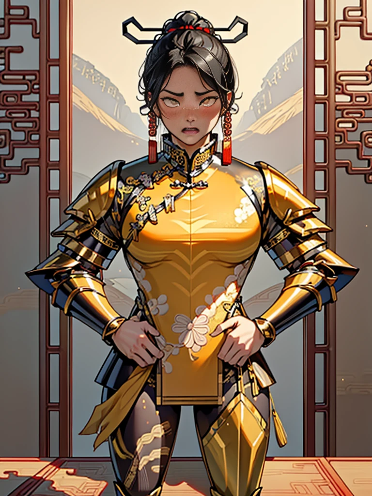 (high resolution, Pixel Perfect, Luxurious illustrations), (Ultra-high quality, On the table, Ethereal: 1.4), (Solitary:1.4), (((Black Hair))),High heel, (Yellow eyes), ((angry)), Pale skin, (((((((muscular))))))), ((Thick thighs)), ((Huge breasts)), (((Wide hips))), Miss, (((((((Chinese armor))))))), yes, Ass Focus,((Hip-lifting pose)), Extremely detailed , Reality , Very deep eyes, Perfect eyes, (((Aheiyan))), Roll your eyes, Open your mouth, Wet skin, (Glowing skin), (Facials), ((blush)),