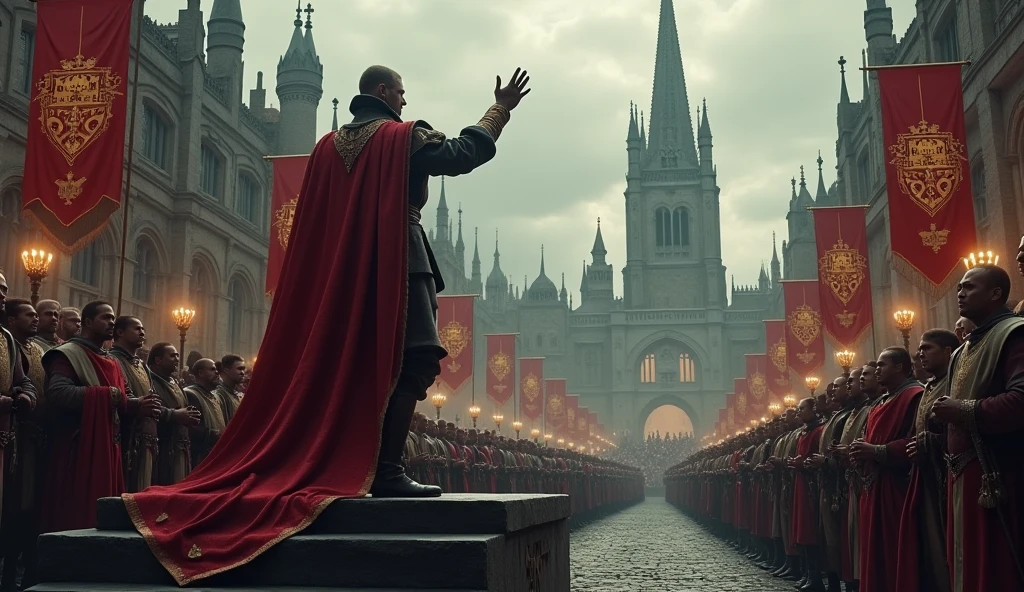 In the heart of medieval London, Edward III stands atop a grand stone platform, his regal figure draped in royal robes, illuminated by the pale light of a cloudy day. His face is stern and resolute as he raises his hand, making a solemn proclamation to the gathered crowd. Below him, a sea of nobles in rich attire, soldiers in gleaming armor, and common citizens in humble garments listens intently, their faces a mix of awe, hope, and concern. The medieval architecture of London, with its towering spires and narrow, cobblestone streets, frames the scene, while banners bearing the royal crest flutter in the wind. The sky is overcast, casting a dramatic, almost foreboding shadow over the scene, enhancing the gravity of the moment. The atmosphere is thick with tension and anticipation, as the crowd hangs on every word of the king's declaration, marking a pivotal moment in history. This image, rich with period detail, captures the solemnity and impact of Edward III’s proclamation, echoing th, Surrealism, Hyperrealism, UHD, retina, masterpiece, accurate, anatomically correct, textured skin, super detail, 16k