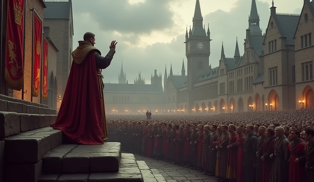 In the heart of medieval London, Edward III stands atop a grand stone platform, his regal figure draped in royal robes, illuminated by the pale light of a cloudy day. His face is stern and resolute as he raises his hand, making a solemn proclamation to the gathered crowd. Below him, a sea of nobles in rich attire, soldiers in gleaming armor, and common citizens in humble garments listens intently, their faces a mix of awe, hope, and concern. The medieval architecture of London, with its towering spires and narrow, cobblestone streets, frames the scene, while banners bearing the royal crest flutter in the wind. The sky is overcast, casting a dramatic, almost foreboding shadow over the scene, enhancing the gravity of the moment. The atmosphere is thick with tension and anticipation, as the crowd hangs on every word of the king's declaration, marking a pivotal moment in history. This image, rich with period detail, captures the solemnity and impact of Edward III’s proclamation, echoing th, Surrealism, Hyperrealism, UHD, retina, masterpiece, accurate, anatomically correct, textured skin, super detail, 16k