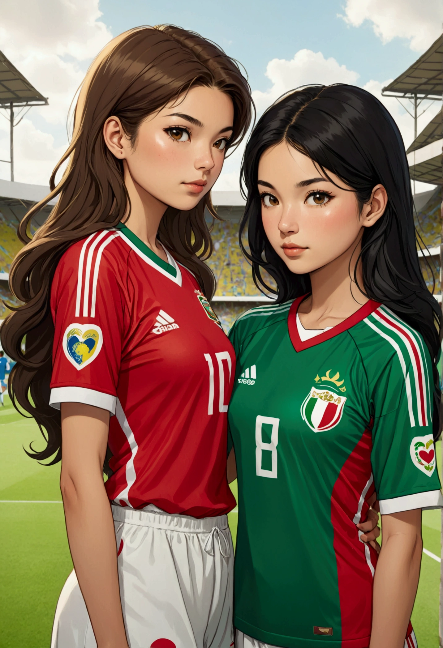 Two beautiful women in love, in a tender attitude towards each other, Sarah Kay style, one British, with semi-short light brown hair, wearing a Mexican soccer jersey and the other woman with delicate Asian features, with long black hair, wearing a Colombian jersey.