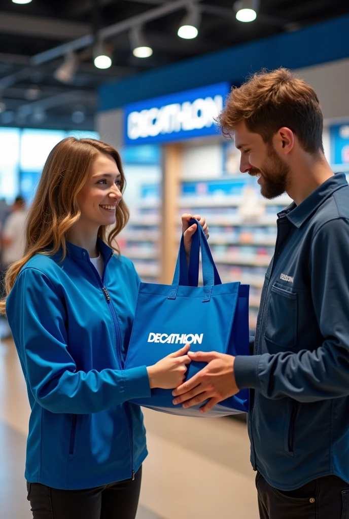 photo d'une jeune femme commerçante de 22 ans français qui donne un sac de courses Decathlon bleu et le logo decathlon en blanc, a un jeune client homme de 18 ans français je veux des humains réaliste dans un magasin de sport Decathlon a la caisse