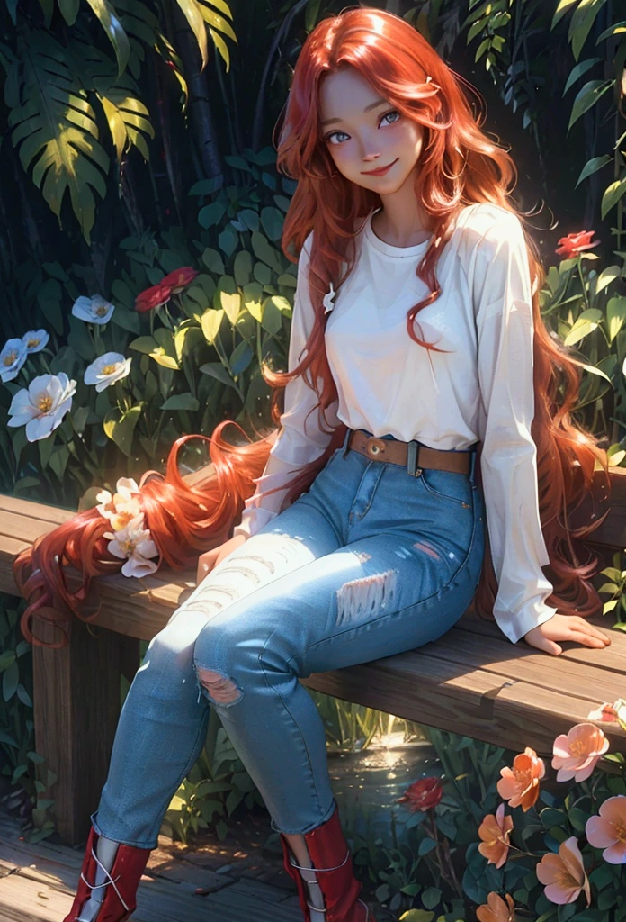 Realistic digital art, light emission, (glowing girl, red_shiny long curly hair, flowers, loose jeans, shiny white shirt, thoughtful smile, cute expression), (highly detailed expression_sitting on bench, glowing river in background, golden hour), dazzling fluorescent lighting style, beautiful light art concept, author: Daniil Suponitskiy jpegman.