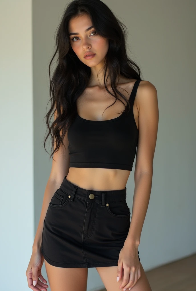 skinny white girl with black hair in a crop top shirt and a mini skirt full body.