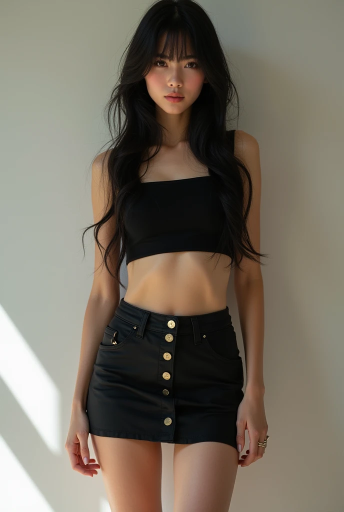  skinny white girl with black hair in a crop top shirt and a mini skirt full body. 
