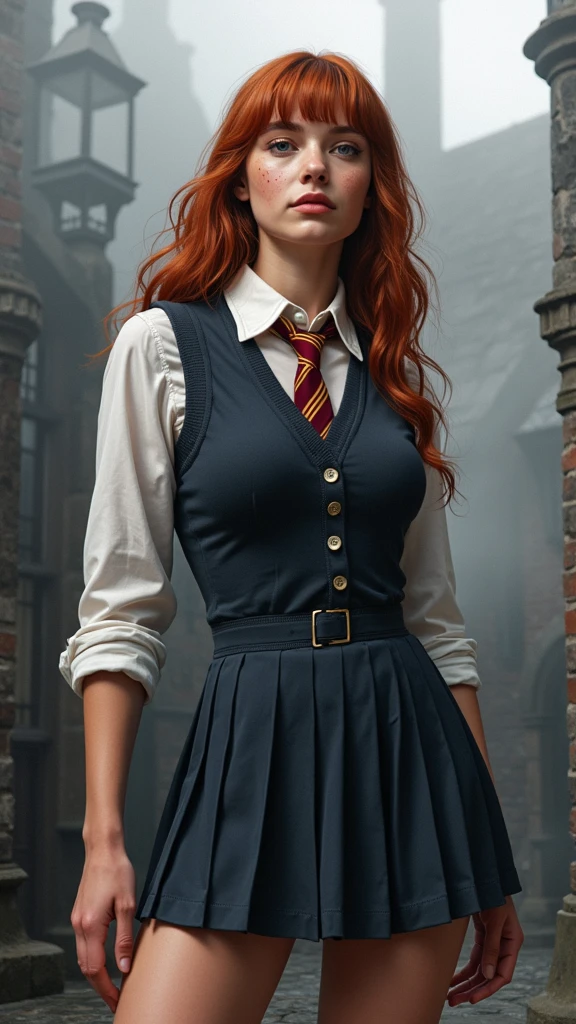 An illustrated movie poster, hand-drawn, full color,( a teenage Hogwarts student:1.4) ,(falda student corto plomo :1.4), 18-years-old, female, wearing a charcoal vest and a pleated skirt, athletic hourglass figure, full wide hips, massive round butt, long shapely legs, ridiculously thick powerful thighs, vibrant eyes, deep dark auburn hair, thick shaggy bangs, flushed sun-kissed complexion, freckles, resembles Genevieve O'Reilly, standing in a foggy Hogwarts courtyard, surrounded by mist, graphite shading, stencil marks, airbrushed acrylic paint, masterpiece, close-up shot, in the style of the Deathly Hallows, high quality, (RAW photo, best quality), (realistic, photorealistic: 1.4), (extremely delicate and beautiful: 1.4), amazing, fine details, masterpiece, ultra detailed, high resolution, best illustration, best shadow, intricate, ( extremely intricate: 1.2), (exquisitely detailed skin), cinematic light, perfect anatomy, (cool color: 1.4), sharp focus, 8k UHD, DSLR, (Fujifilm XT3),(iluminación cinematográfica :1.4),( Hermione Granger:1.4), (Emma Watson: V2.1), (ojos de Emma Watson:1.5)