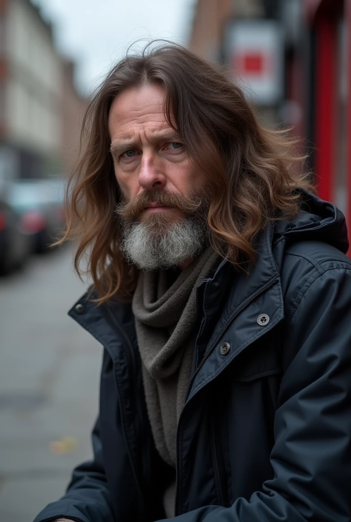 James Bowen introduction:
"8k, high-quality, photograph, homeless man with long brown hair and beard sitting on a London street, wearing a dark jacket, looking dejected, urban background, realistic style"