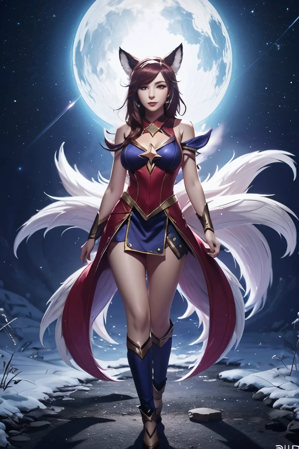 Ahri league of legends, nine red tipped fox tails, standing, face detailed, star guardian costume, fully body, super detaill, high resolution, 8k, Overview, iluminação Ray Tracing