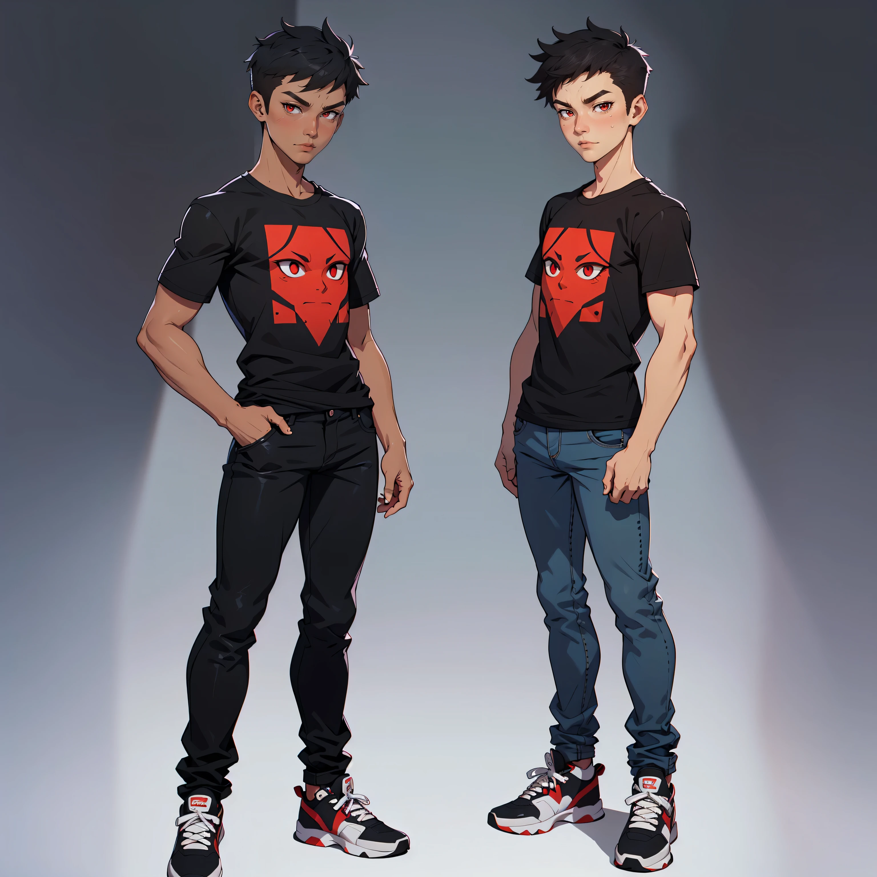1 boy, very detailed, neutral facial expression, figure, skinny body, tan skin, full body view, mid fade hair cut, red eyes, looking at viewer, full black t-shirt, jean pants, black sneakers, standing pose