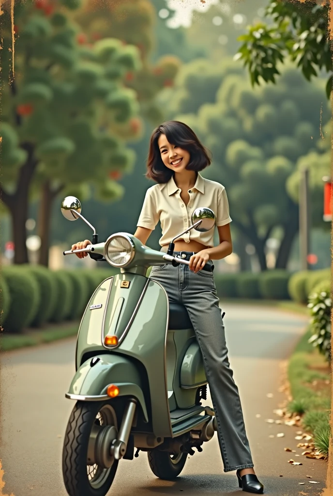 Old film photo from 1980, a park, a short-haired Thai girl wearing flared pants is posing happily riding her new motorbike.