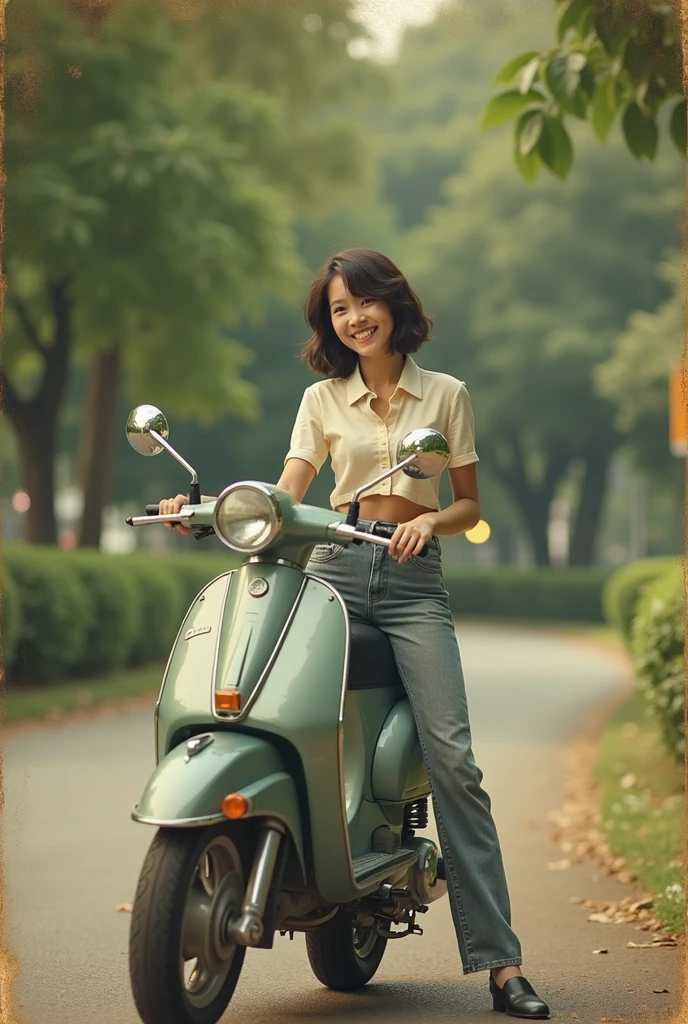 Old film photo from 1980, a park, a short-haired Thai girl wearing flared pants is posing happily riding her new motorbike.