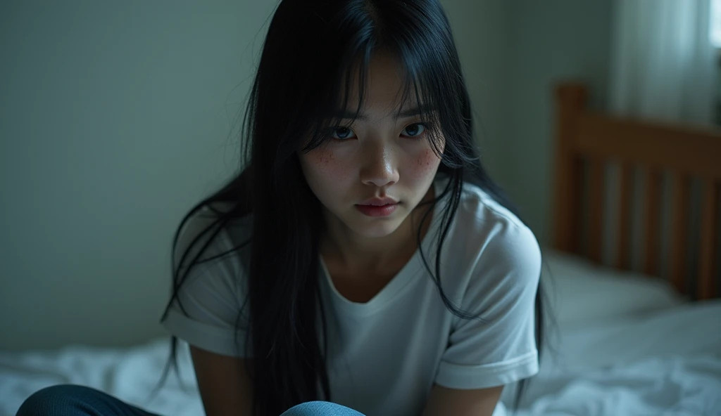 an asian woman with long black hair in jeans and white t-shirt crying on a bed