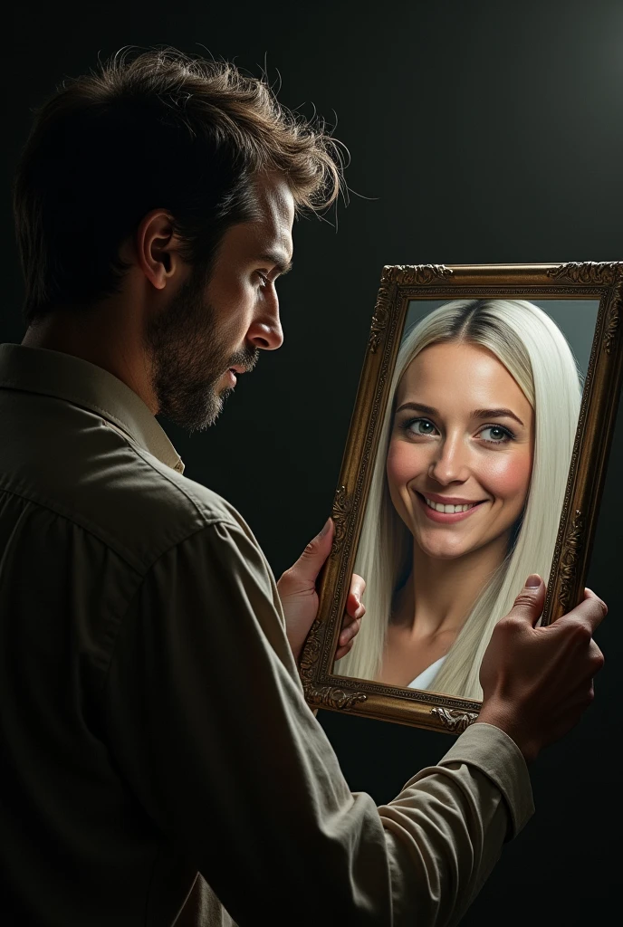 An image showing a person holding a mirror, with a bright light coming from the right, representing the light of God. The person is looking at the mirror with an expression of doubt and confusion, com um fundo escuro e sombrio, representing the darkness of sin. No espelho, there is an image of a rich and successful person, with a wide smile and a twinkle in her eyes, but the person holding the mirror is looking at the image with an expression of discontent and dissatisfaction. remember , it is a religious image , so abuse your fantasy