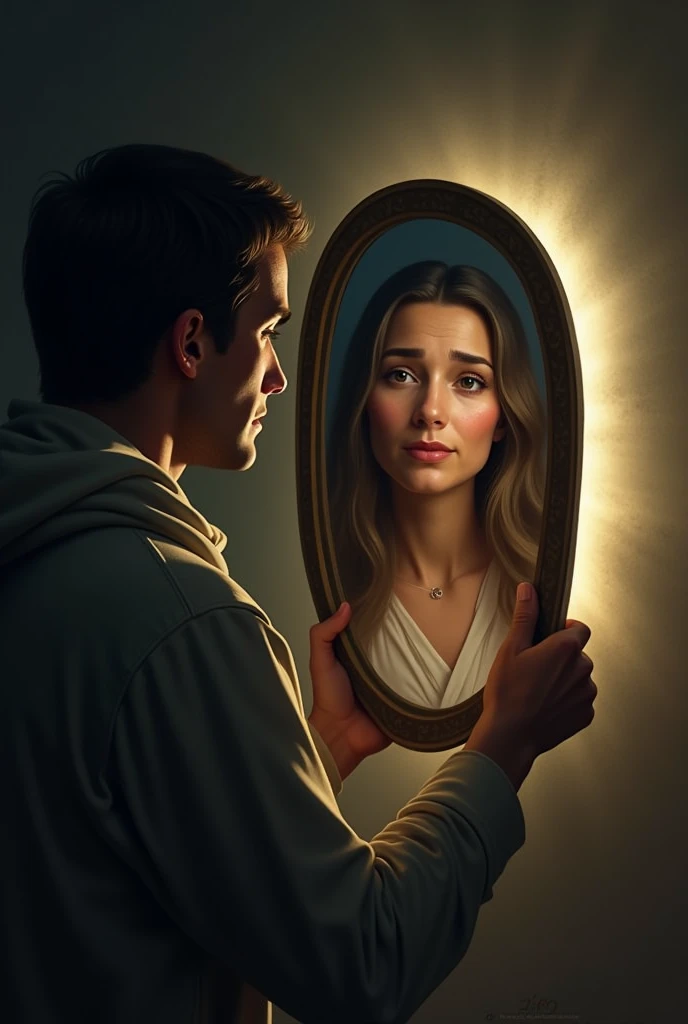 An image showing a person holding a mirror, with a bright light coming from the right, representing the light of God. The person is looking at the mirror with an expression of doubt and confusion, com um fundo escuro e sombrio, representing the darkness of sin. No espelho, there is an image of a rich and successful person, with a wide smile and a twinkle in her eyes, but the person holding the mirror is looking at the image with an expression of discontent and dissatisfaction. remember , it is a religious image , so abuse your fantasy 