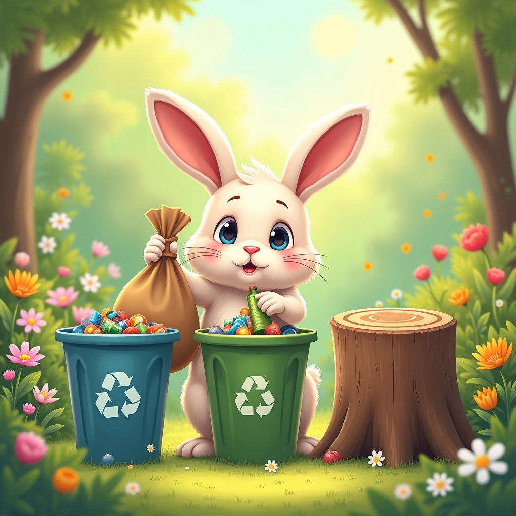 A cute rabbit is holding a bag of trash to sort into a bin in a lush spring garden, which has three bins categorized for recycling, organic waste, and other waste. The round bin is made from a tree stump