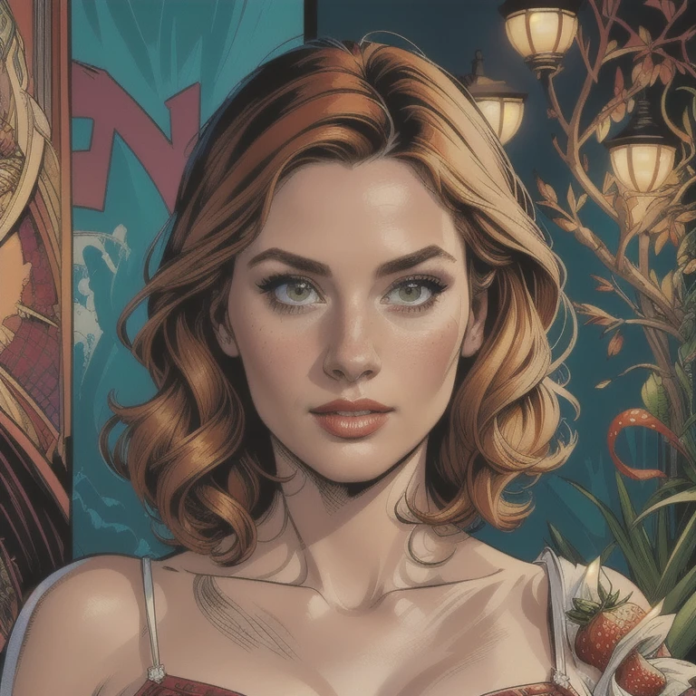 detailed beautiful woman, 1girl, strawberry fairy dress, graphic illustration, comic art, graphic novel art, vibrant colors, highly detailed, masterpiece, (best quality,4k,8k,highres,masterpiece:1.2),ultra-detailed,(realistic,photorealistic,photo-realistic:1.37), HDR, studio lighting, extreme detail description, professional, vivid colors, bokeh