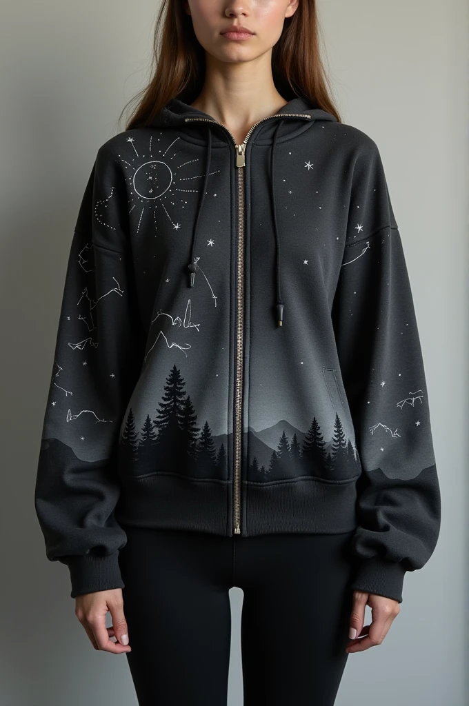 Sweatshirt with front zipper ( star shaped), a little more fitted to the body, but with wide, comfortable sleeves in a dark shade like gray or charcoal that gives a more sober vibe. on the sleeves, drawings of small details of constellations with mystical details. in back, drawings of a night landscape with dark clouds and silhouettes of trees and mountains in the distance in a minimalist style. 